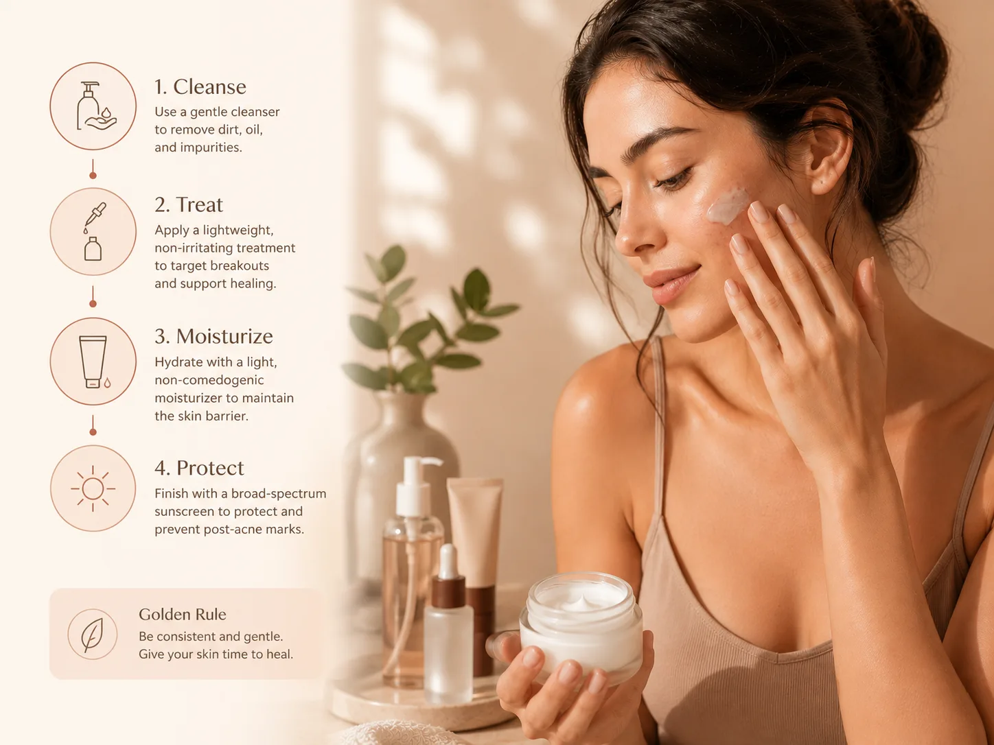 Gentle cleanser moisturizer and sunscreen for acne-prone skin routine