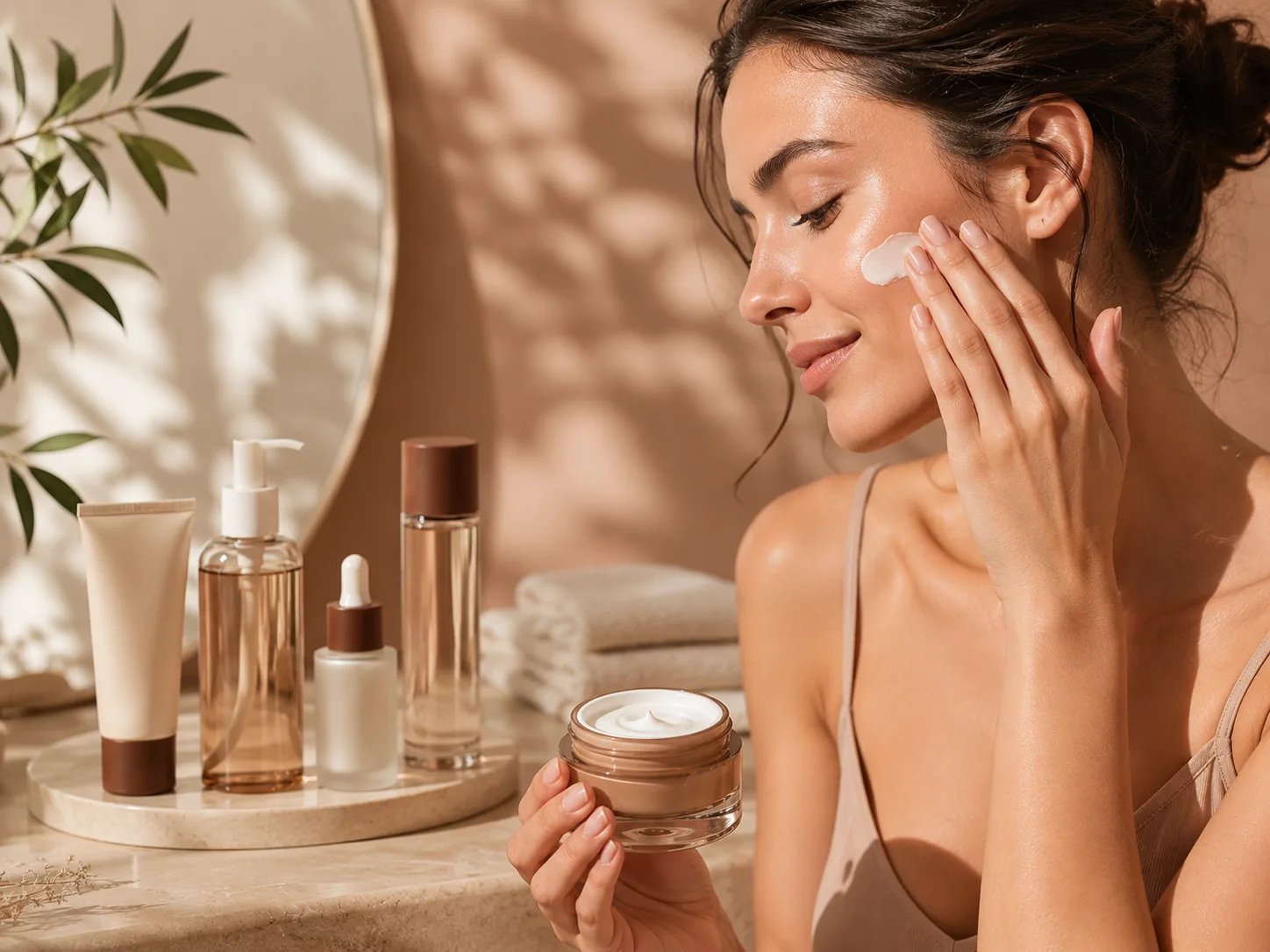 Essential skincare products including cleanser moisturizer sunscreen and one serum
