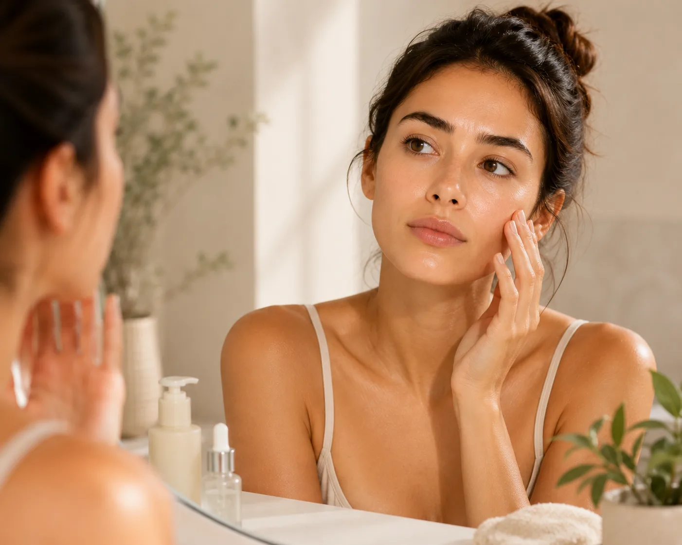 Person checking skin texture in a mirror before choosing a skincare routine