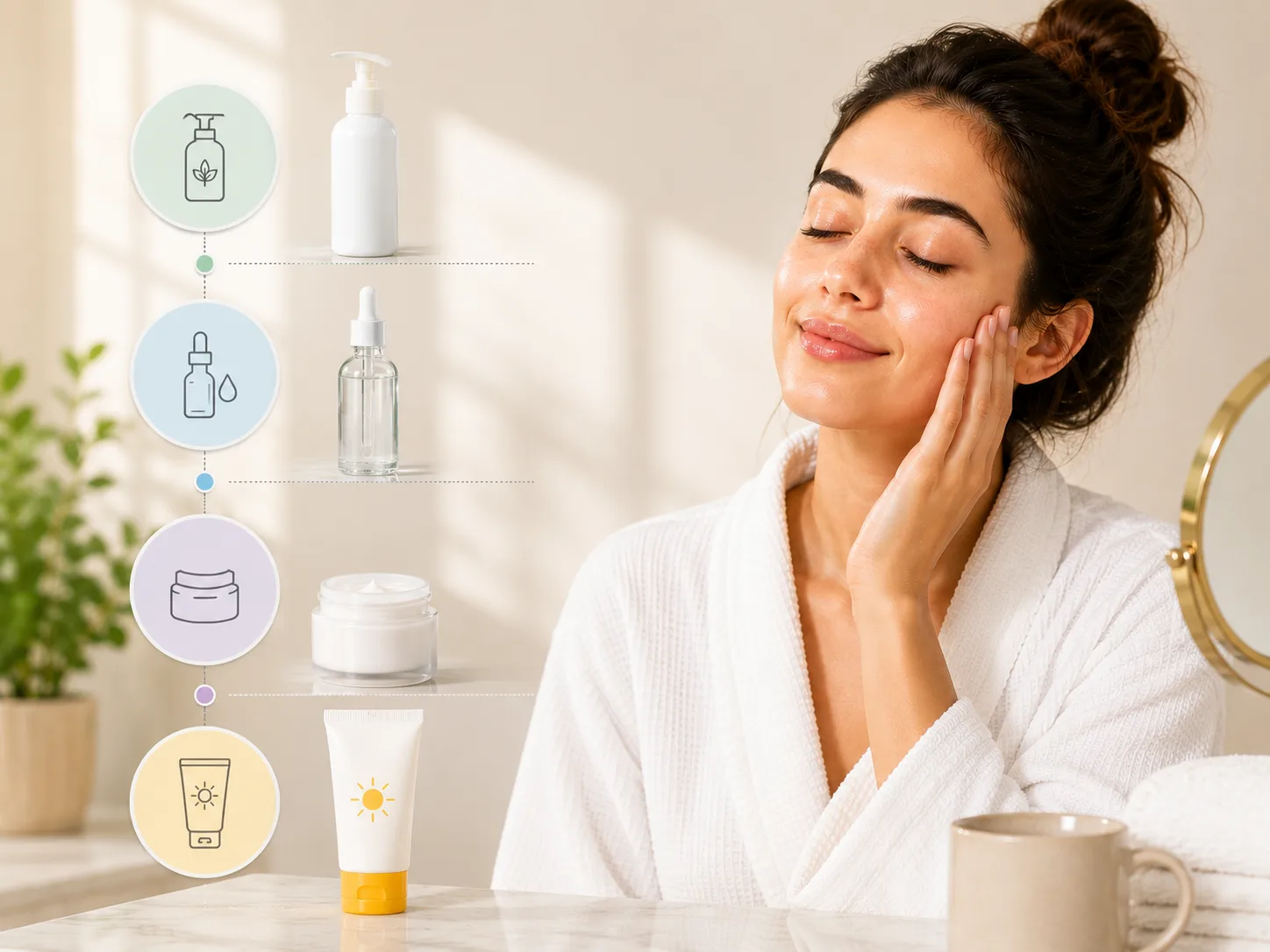Morning skincare routine order with cleanser serum moisturizer and sunscreen - cover