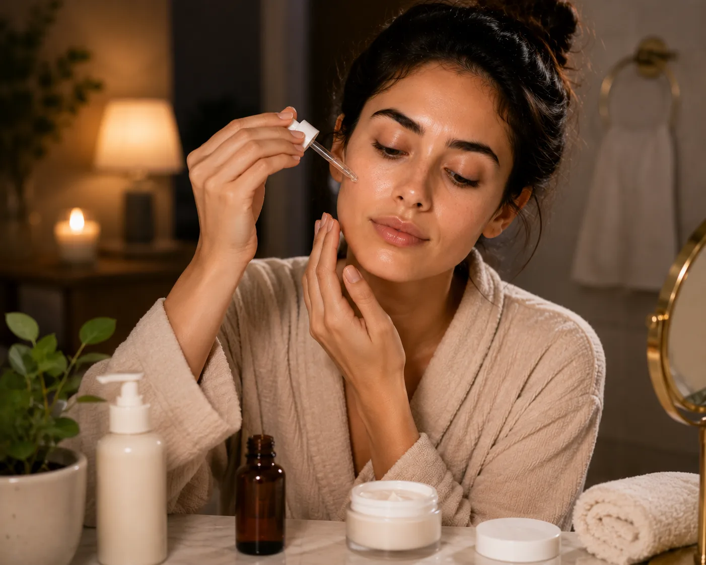 Night skincare products beside a towel and soft bathroom lighting
