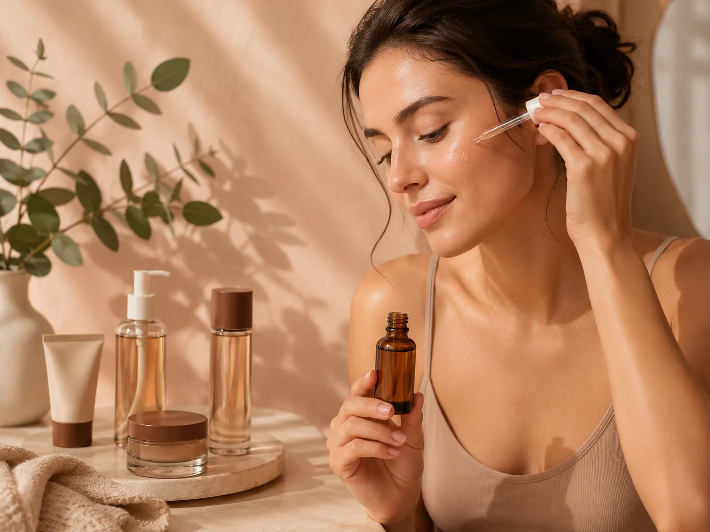 Retinol serum bottle beside moisturizer for a beginner night skincare routine