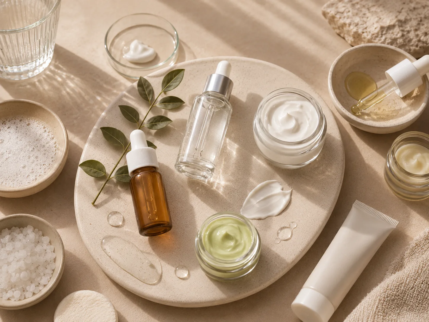 Skincare products with question marks representing common skincare myths